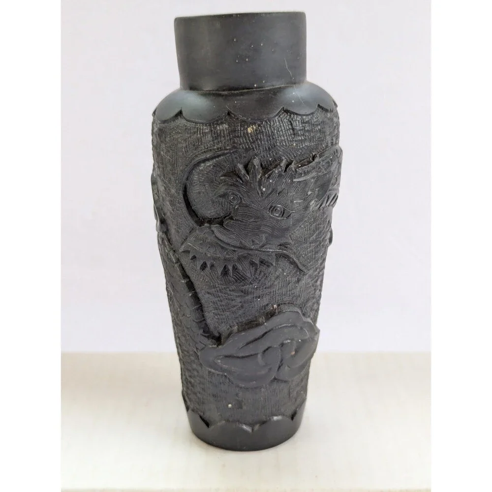 Rare! Vintage Chinese Dragon Carved Black Cinnabar Vase 6